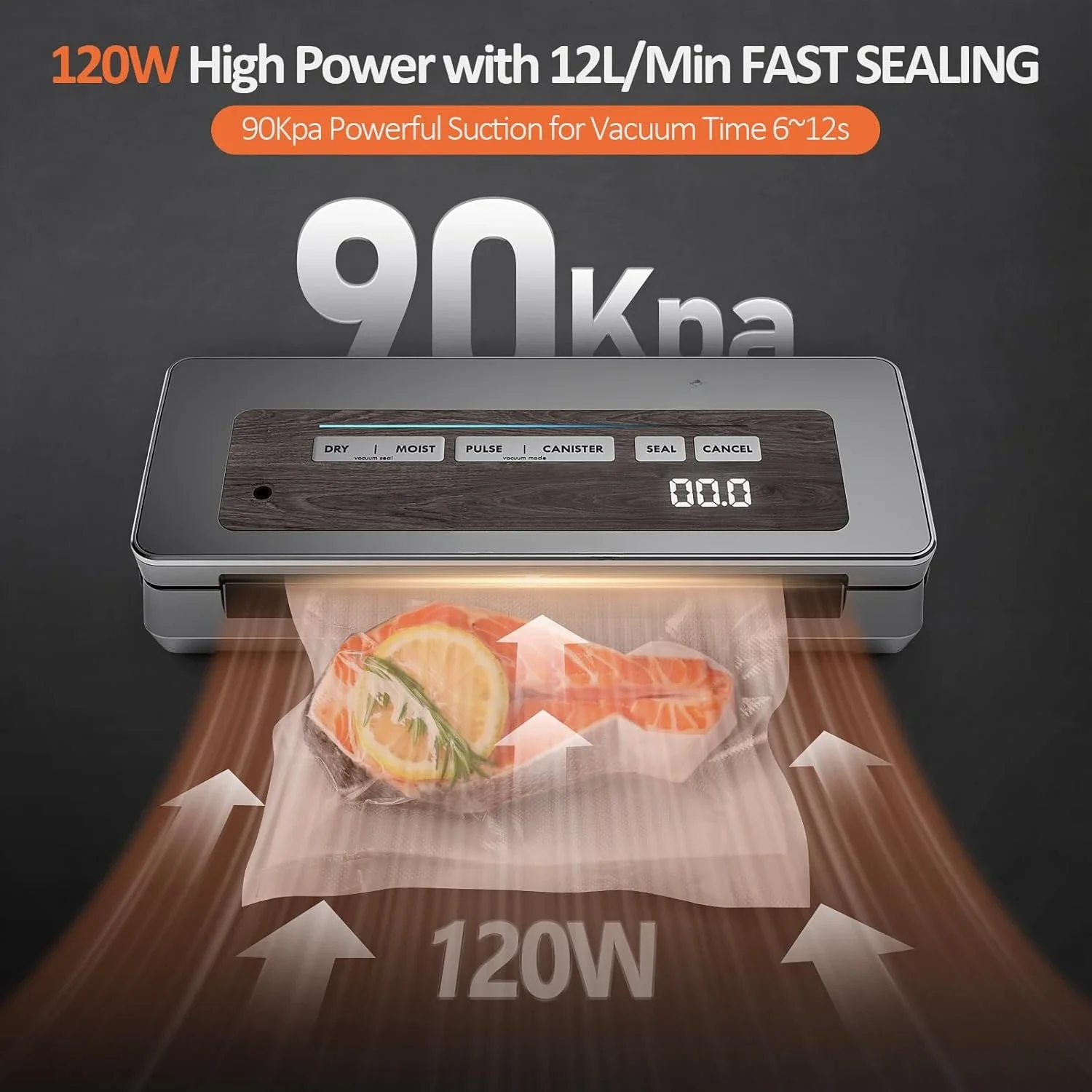 Vacuum Sealer Machine, 90kPa 120W Wide Seal All-IN-1 Powerful Food Storage, Build-in Cutter