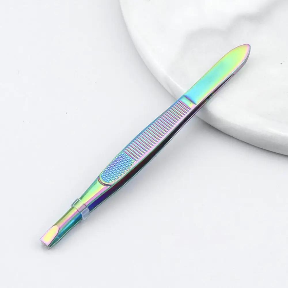 Stainless Steel Eyebrow Trimming Tweezers Slant Tip Plucking Eye Brow Clips Flat Tip Mesh Stripe Handle Eyelash Curler Girl