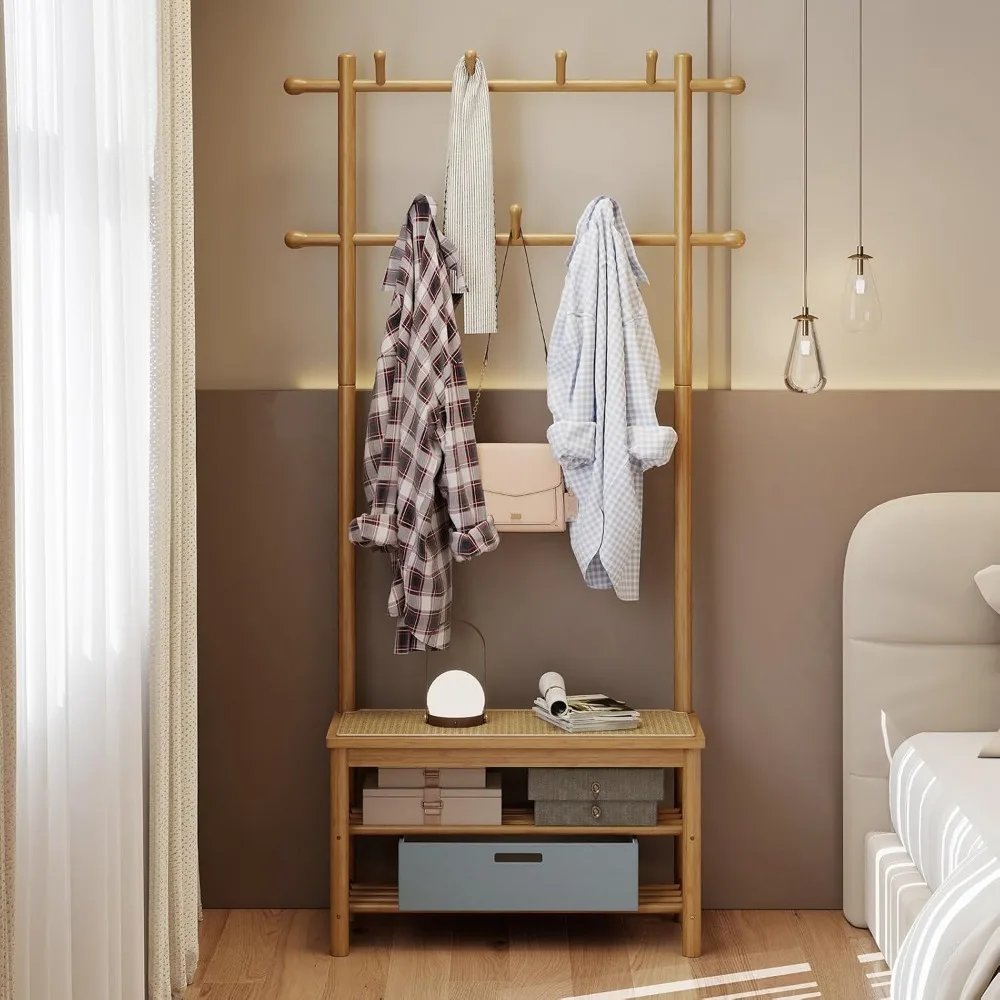 شجرة قاعة 3 في 1 مع مقعد وتخزين الأحذية، رف معطف من الخيزران قائم بذاته مع مقعد من الروطان PE، 11 قضبان تعليق، 3 طبقات S #2