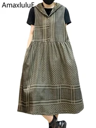 Amax luluE 2024 Summer Sleeveless Clothes Women Fashion Loose Plaid Hooded Long Denim Dresses Ladies Luxury Casual Sexy Vestidos