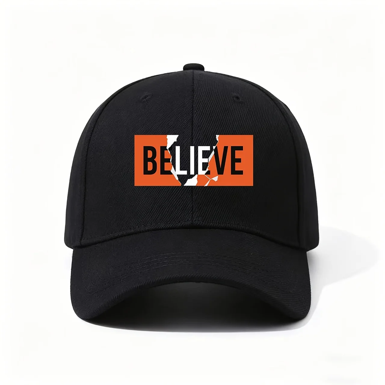 Baseball Cap, Constructed from Soft Fabric with Structured Fit, Displays a Torn-Paper BELIEVE Print, Great for Anyone Needing a
