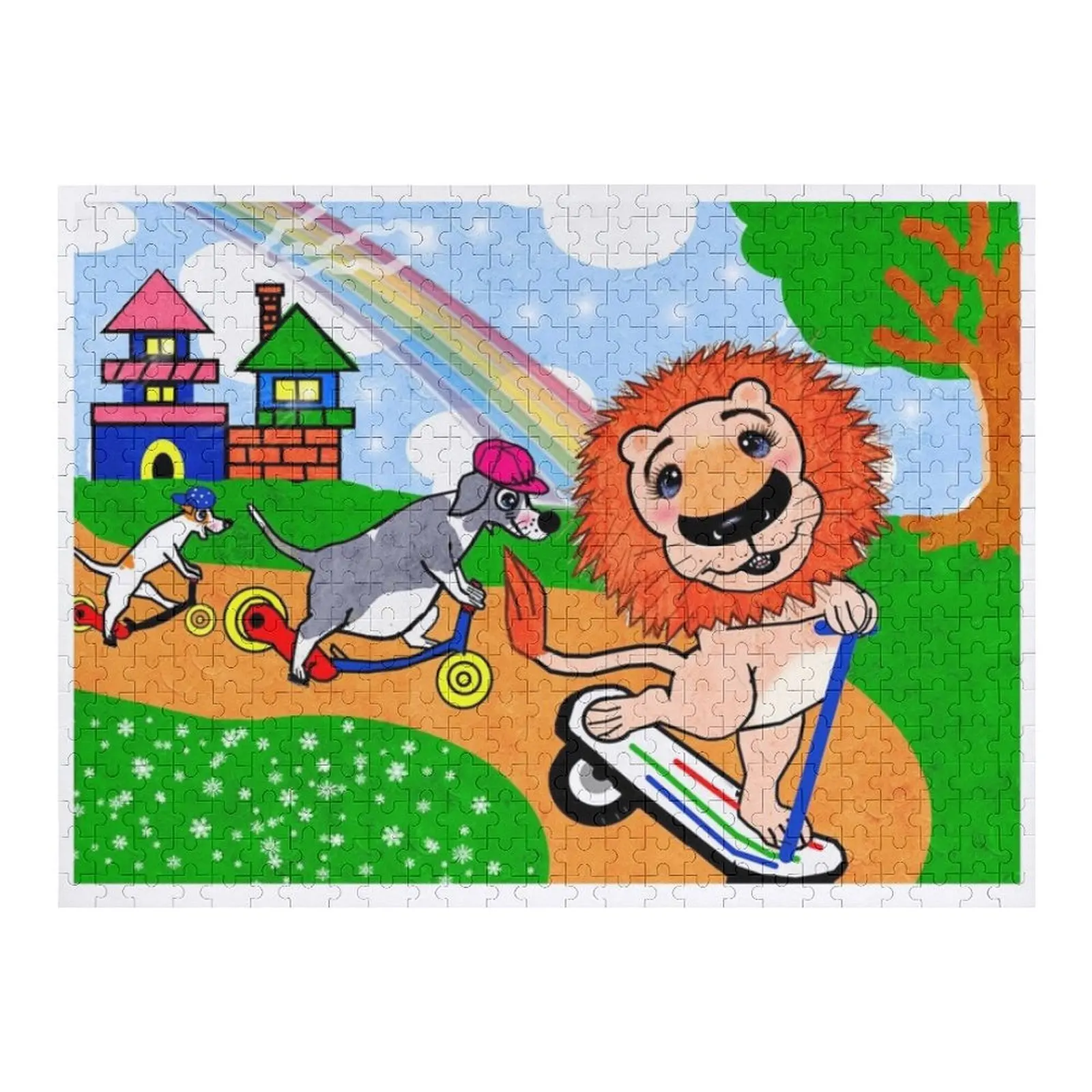 Animales - perros y leones - Montar un scooter Rompecabezas Nombre personalizado Rompecabezas de madera personalizado
