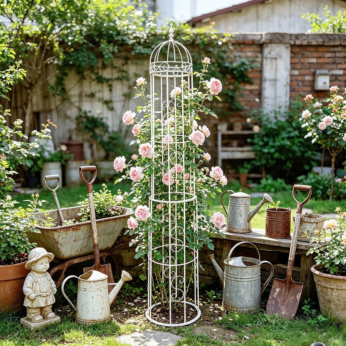 Outdoor Iron Flower Stand for the Garden, Vintage Roman Column Style Climbing Frame, Elevated Trellis for Climbing Plants Like Clematis