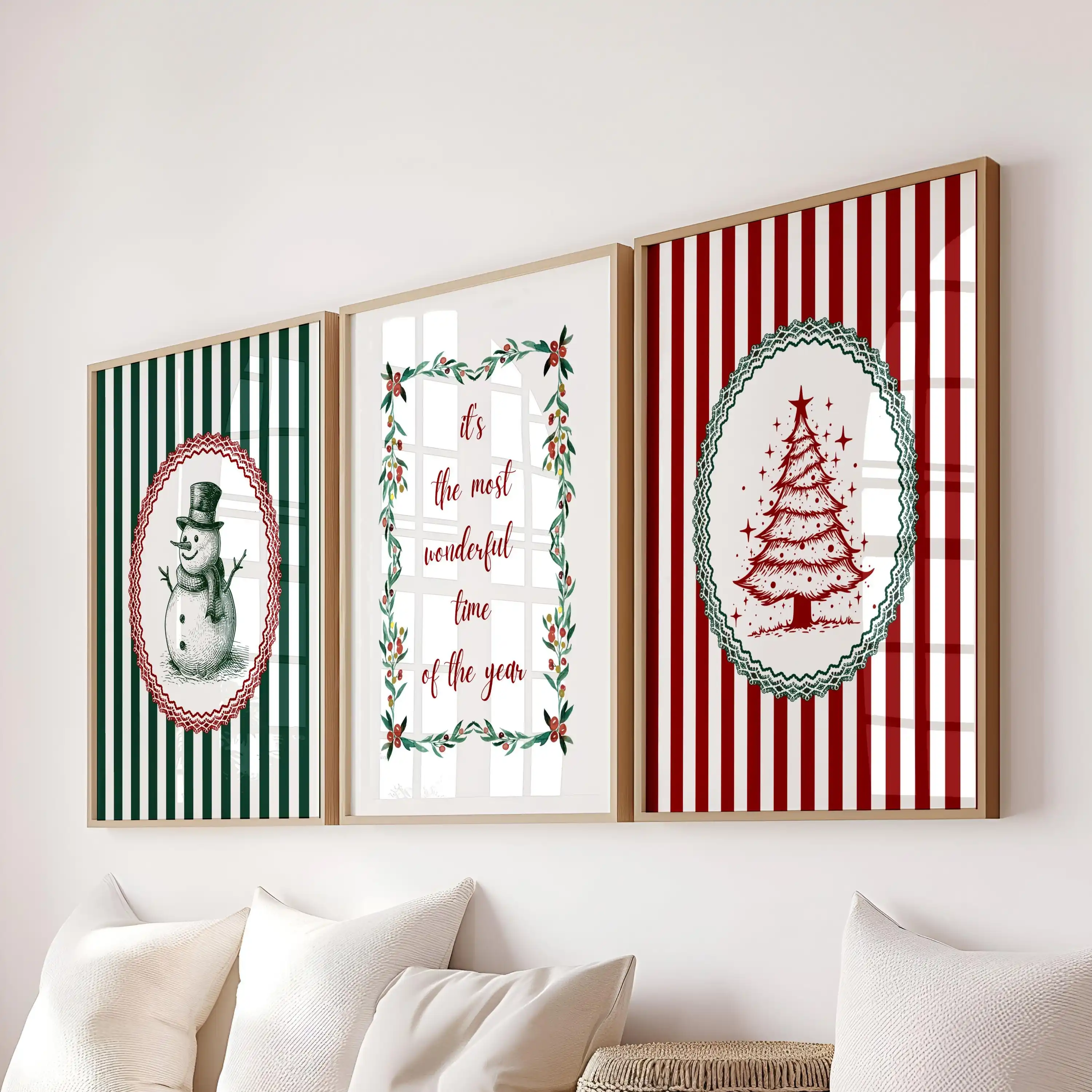 Retro 3 Christmas Red Green Striped Snowman Christmas Tree Canvas Poster The Most Wonderful Time of The Year Holiday Poster