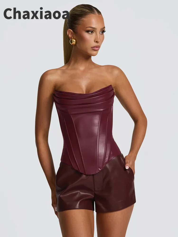 

Chaxiaoa PU Leather Strapless Sexy Tank Top Women Off-shoulder Backless Skinny Crop Tops Elegant Club Party Sleeveless Top