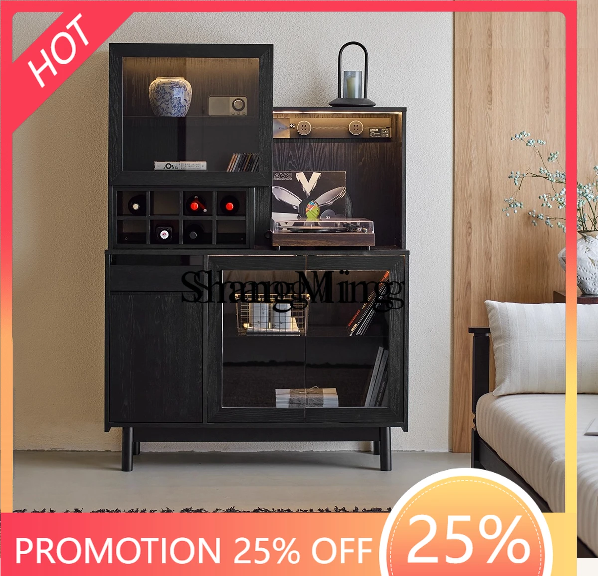 

CL sandalwood retro side cabinet integrated storage cabinet against the wall black solid wood side cabinet