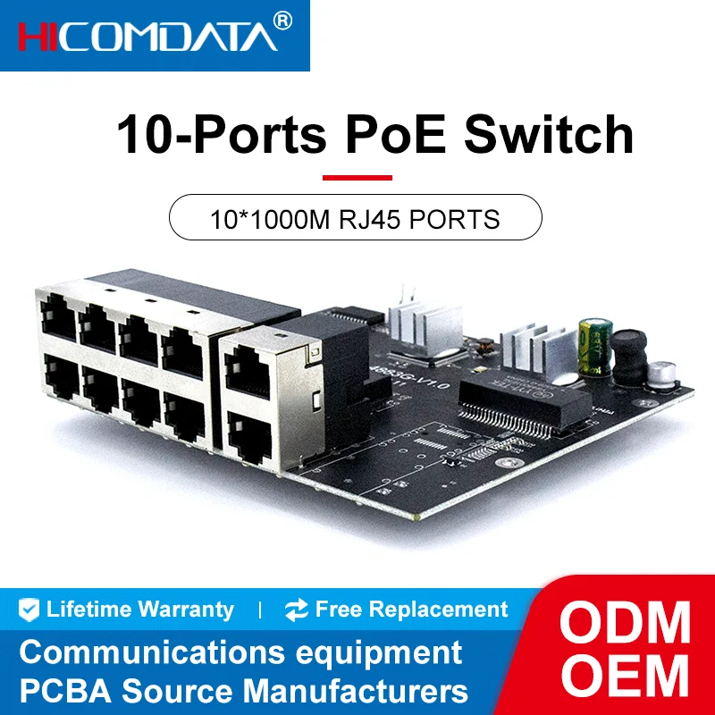 

HICOMDATA POE Switch 1000mbps Internet Gigabit 802.3at 48v 2 RJ45 8 POE Ports POE Switch PCBA