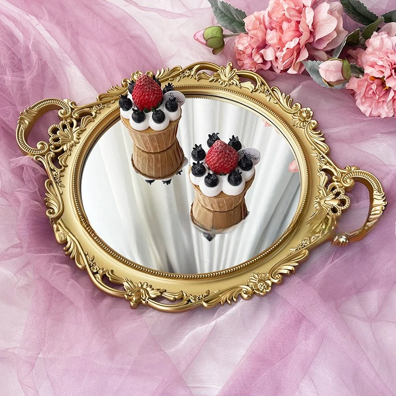 Antique European Round Mirrored Tray Vintage Afternoon Tea Dessert Server  Photography Styling Prop & Vanity Organizer Decor