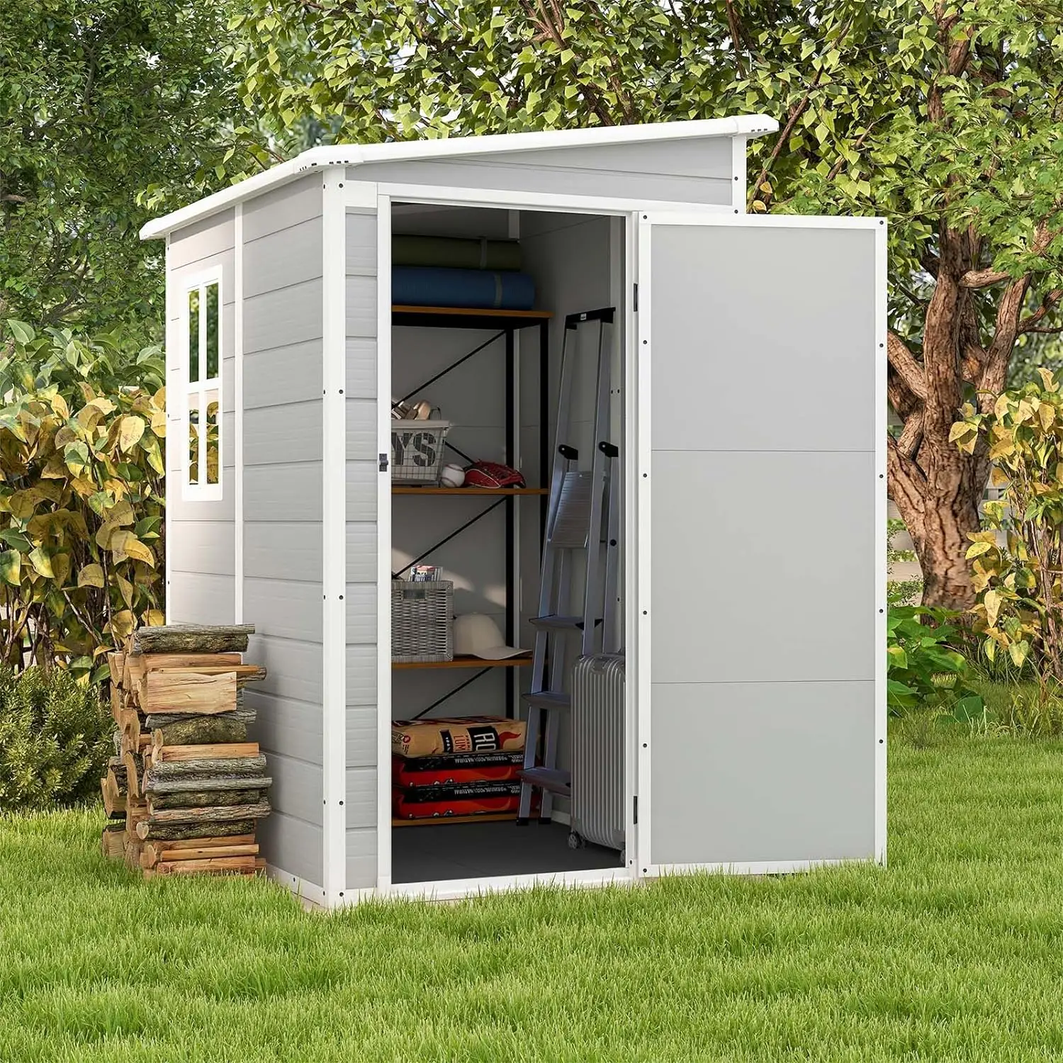 

Outdoor Storage Shed, Resin Storage Shed with Floor & Lockable & Window Door for Patio Furniture, Garden Tools and Bicycle