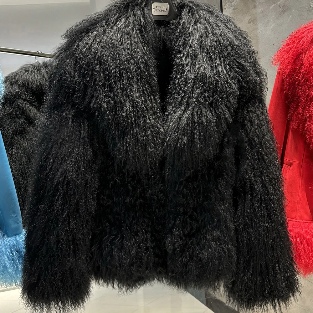 YOLOAgain Women's Real Mongolia Sheep Fur Jacket With Collar Black