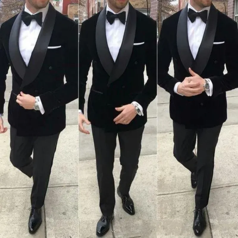 Yeni moda çift göğüslü siyah kadife damat smokin şal yaka erkek takım elbise düğün/balo/akşam yemeği en iyi adam Blazer (ceket + pantolon)