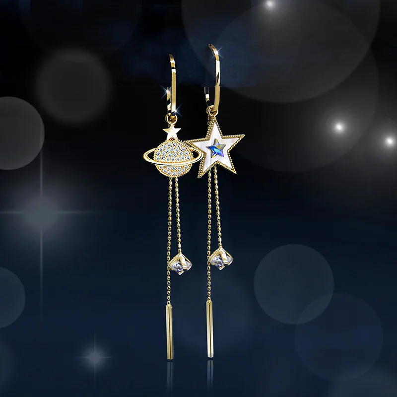 2PC New Trend Star Earth Long Tassel Dangle Earrings For Women Planet Crystal Statement Pendant Earrings Wedding Party Jewelry image 5