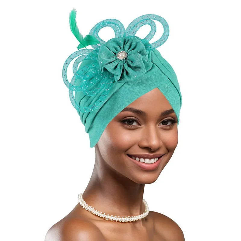 

African Women Flower Wedding Headscarf Hat Muslim Hijab Turban Nigeria Party Headwear Bonnet Head Wrap Headpiece Turbante Mujer