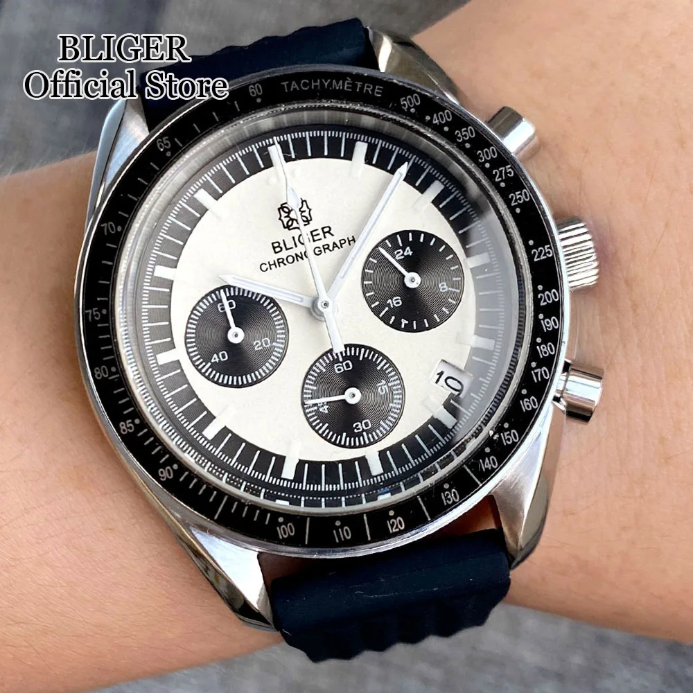 BLIGER Quartz 40mm Chronograph Multifunction Watch Men VK63 Movement Black White Dial Stainless Steel Strap Montre homme