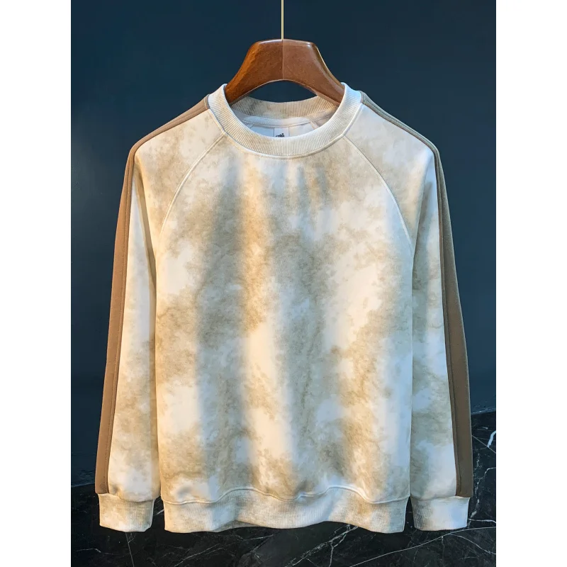 

2025 new autumn patchwork hoodie men's trendy versatile round neck loose oversized tie dye casual long sleeved top