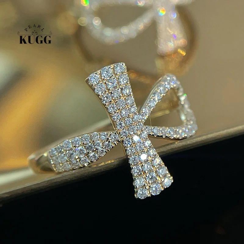 

KUGG 100% 18K Yellow Gold Rings Elegant Cross Shape 0.43carat Real Natural Diamond Engagement Ring for Women High Party Jewelry