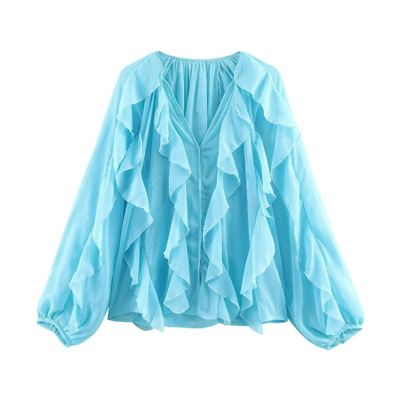 

Модная рубашка в европейско-американском стиле, весна 2026, однотонная, с бантом, многослойным декором, рукавами-фонариками во французском стиле, длинный рукав