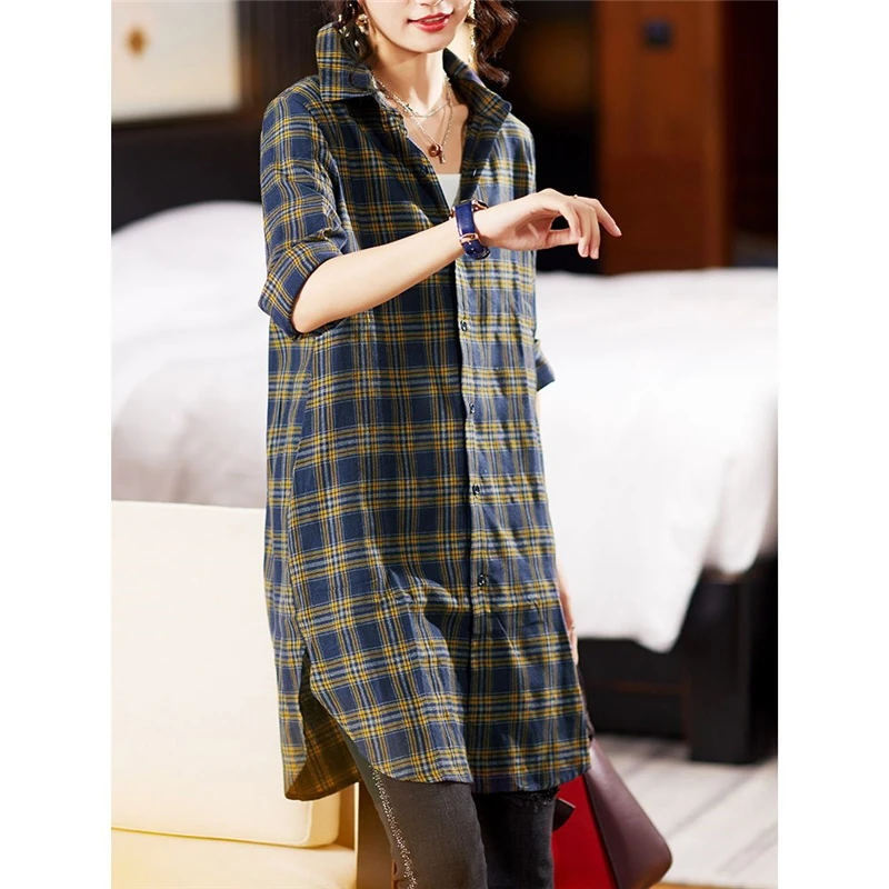 Women Clothes Classics Vintage Plaid Streetwear Loose Shirt Dresses Spring Autumn Fashion Long Sleeve Irregular Midi Dress Robe