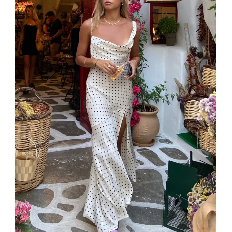 

European and American Sexy Women's Fashion Cross-Border Amazon New Polka Dot Strap Irregular Sleeveless Slit Backless Dress