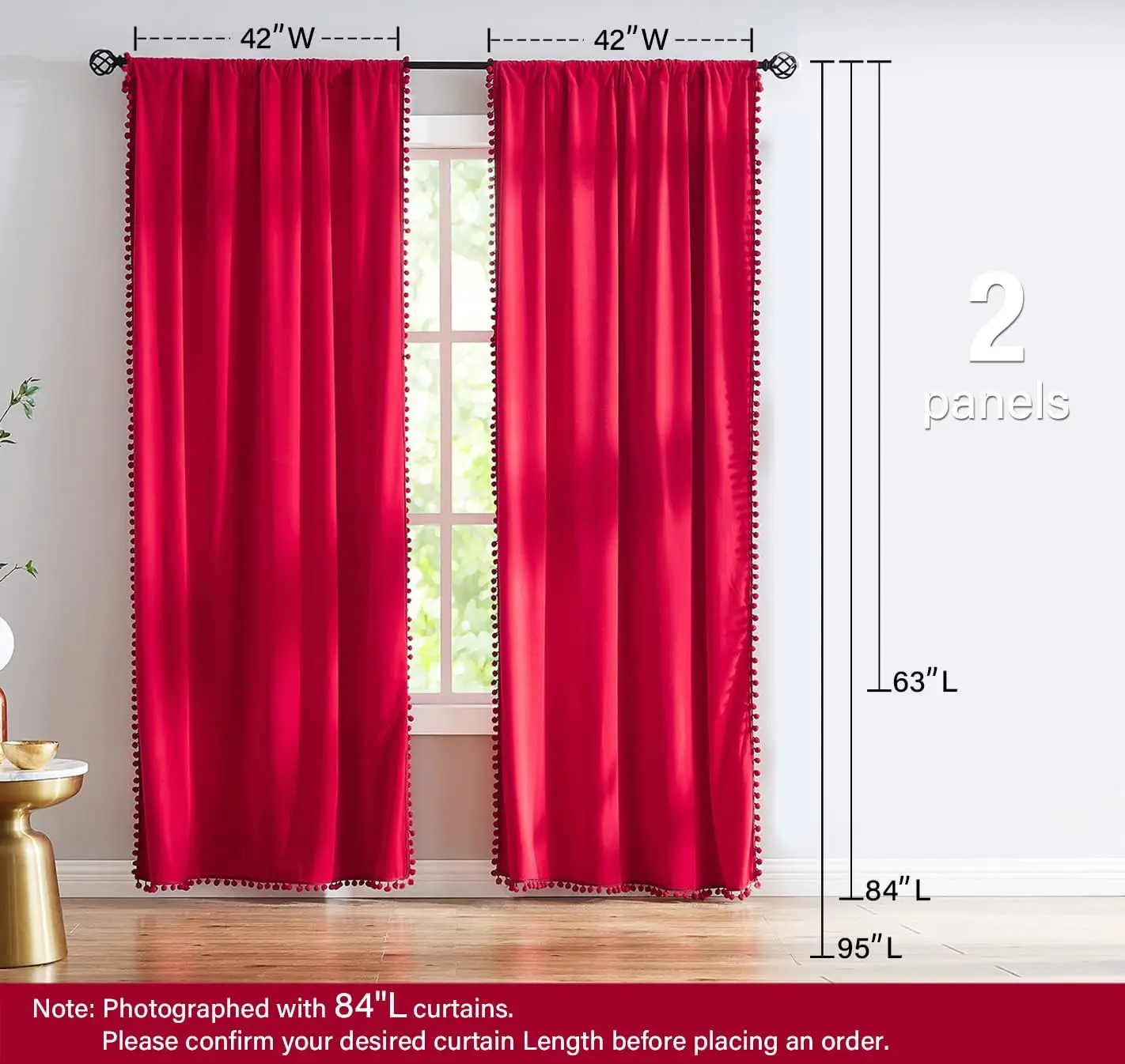 Tende rosse in velluto con pompon 95 "" pollici Set di tende oscuranti per camera da letto del soggiorno tende per finestre morbide vacanze invernali