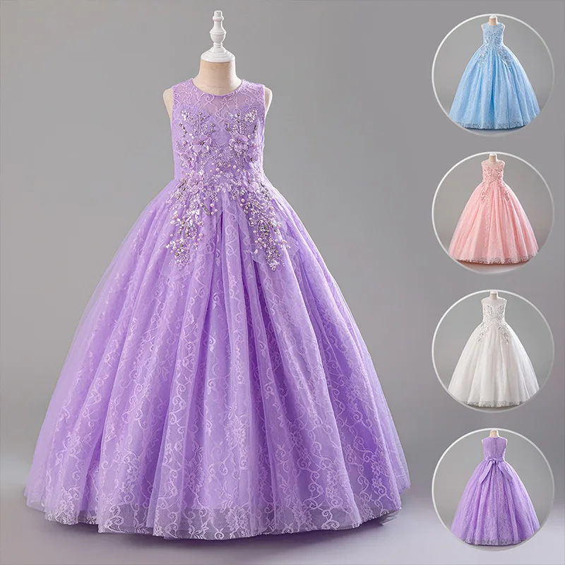 New Ball Gown Children's Princess One-shoulder Long Flower Girl Wedding Dress Lace Beaded Party Princess Dress