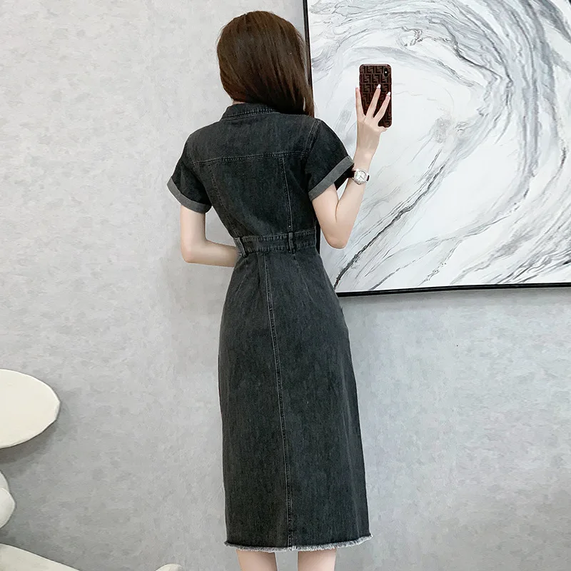 Comfortable Niche High-end Design Split Denim Dress Women's Summer New Collection Waist Cinching and Slim Denim Mid Length Skirt