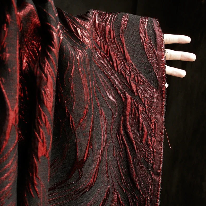 Dark Flash Textured 3D Embossed Jacquard Fabric Red Flame Coat Gothic Bridal Luxury Apparel Design DIY Craft Material