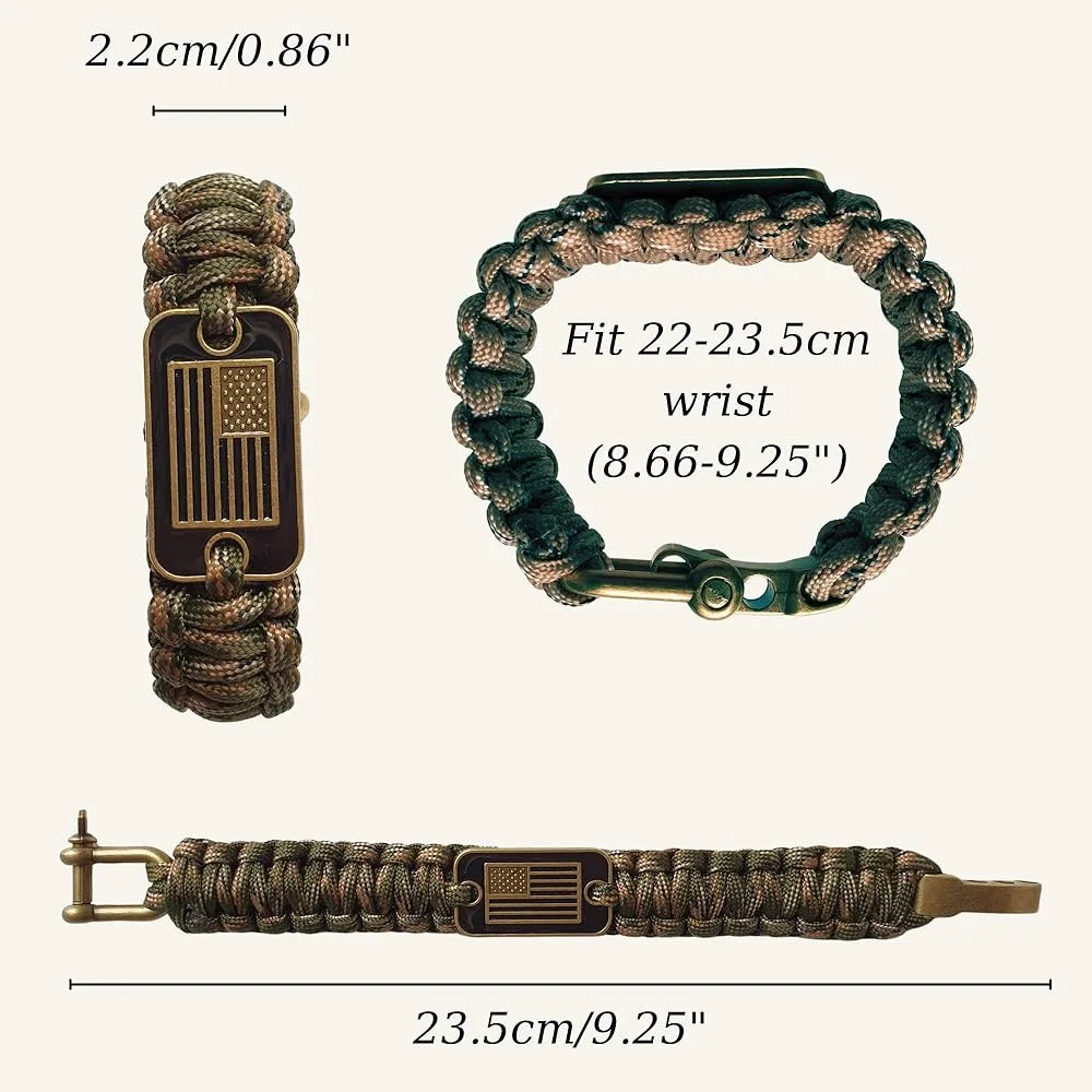 Pulsera de Paracord de camuflaje para hombres, hebilla de aleación ajustable, pulsera táctica de supervivencia con bandera de bronce de EE. UU. Para