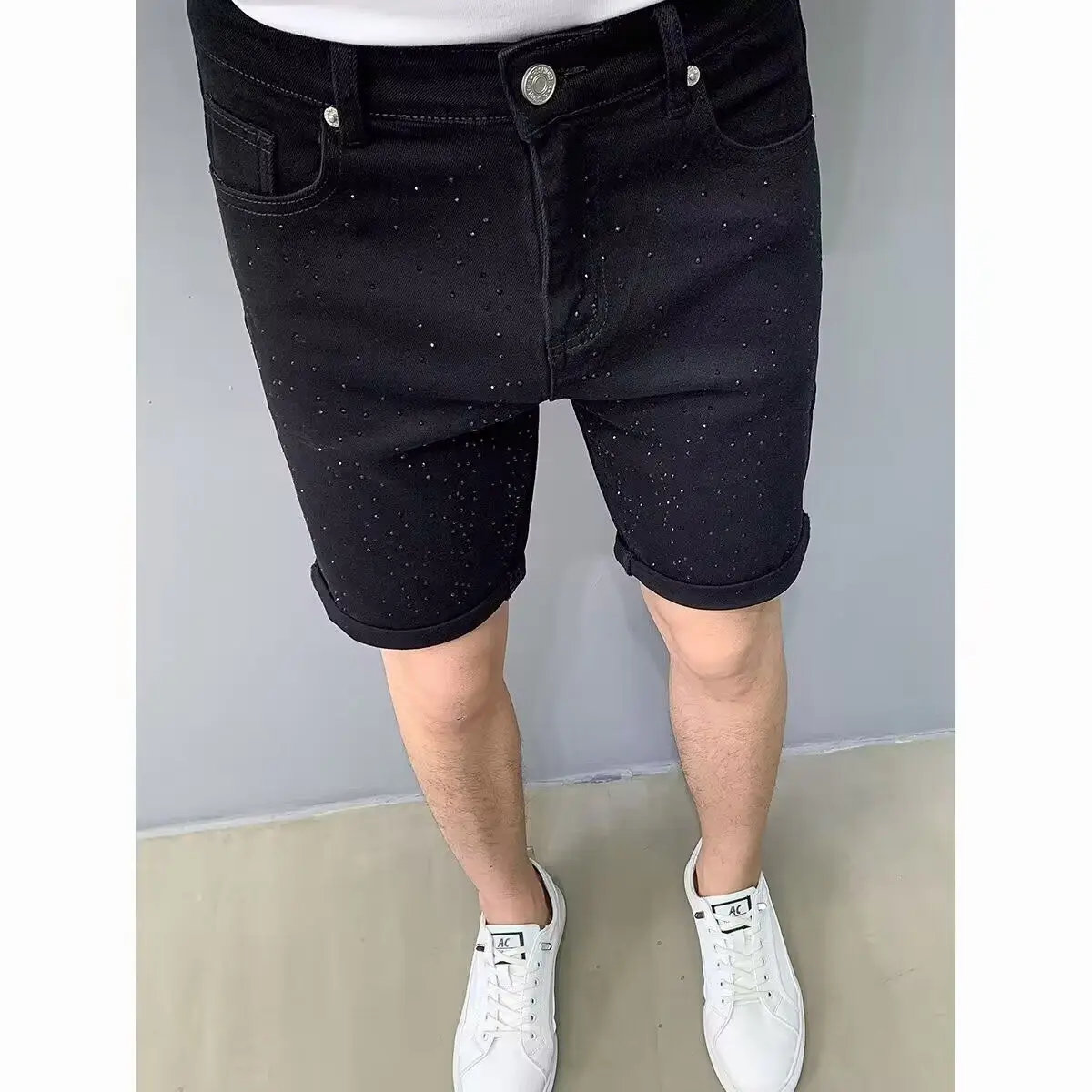 

Fashionable Men's Denim Short Pants Summer New Style Youth Trendy High Street Casual Five-Quarter Length Diamond-Heated Jeans