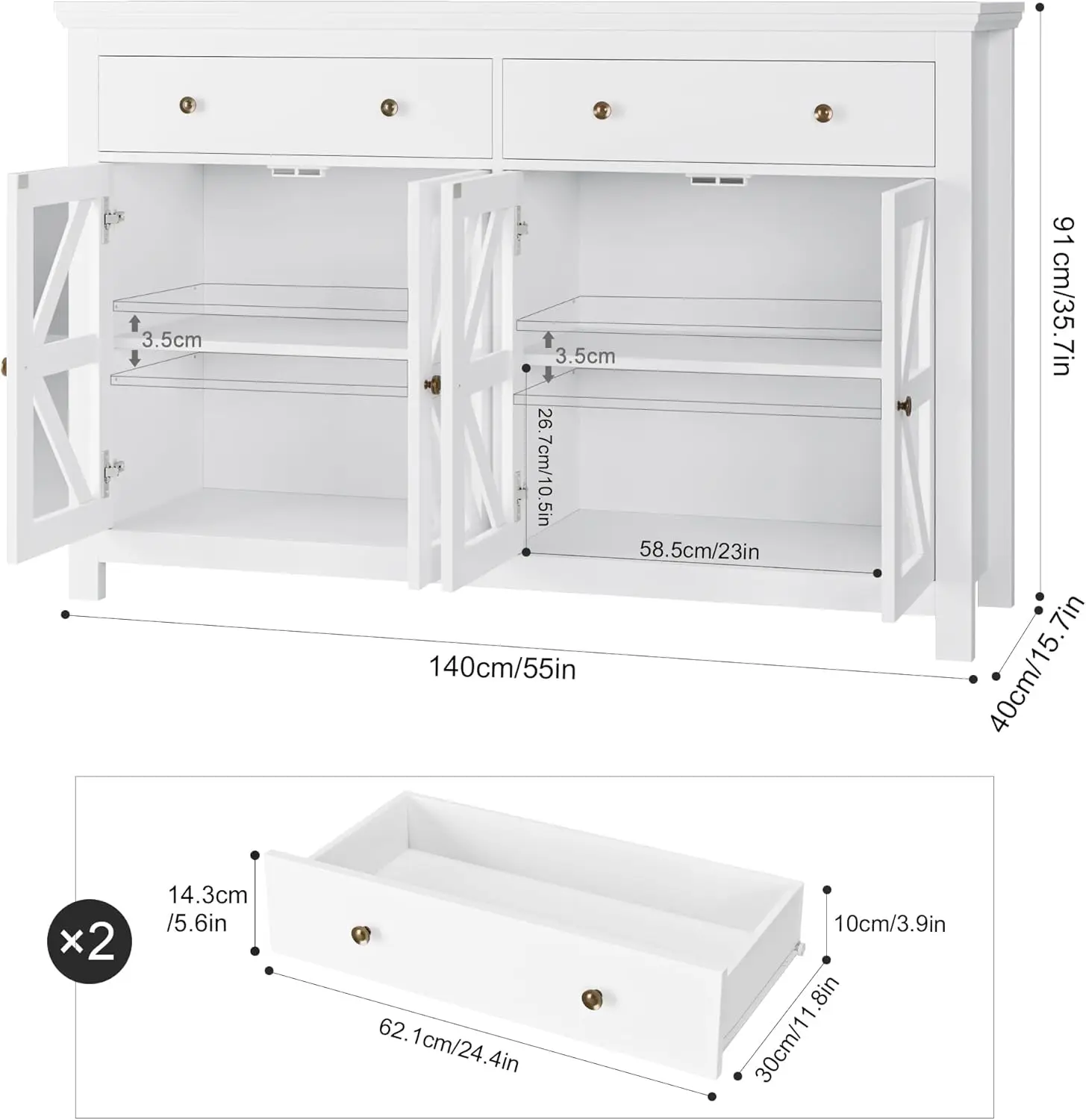 ตู้ไซด์บอร์ดบุฟเฟ่ต์สีขาวขนาดใหญ่พร้อมลิ้นชัก 2 ลิ้นชัก 4 ประตูกระจก – ตู้เก็บของในห้องครัวห้องรับประทานอาหาร
