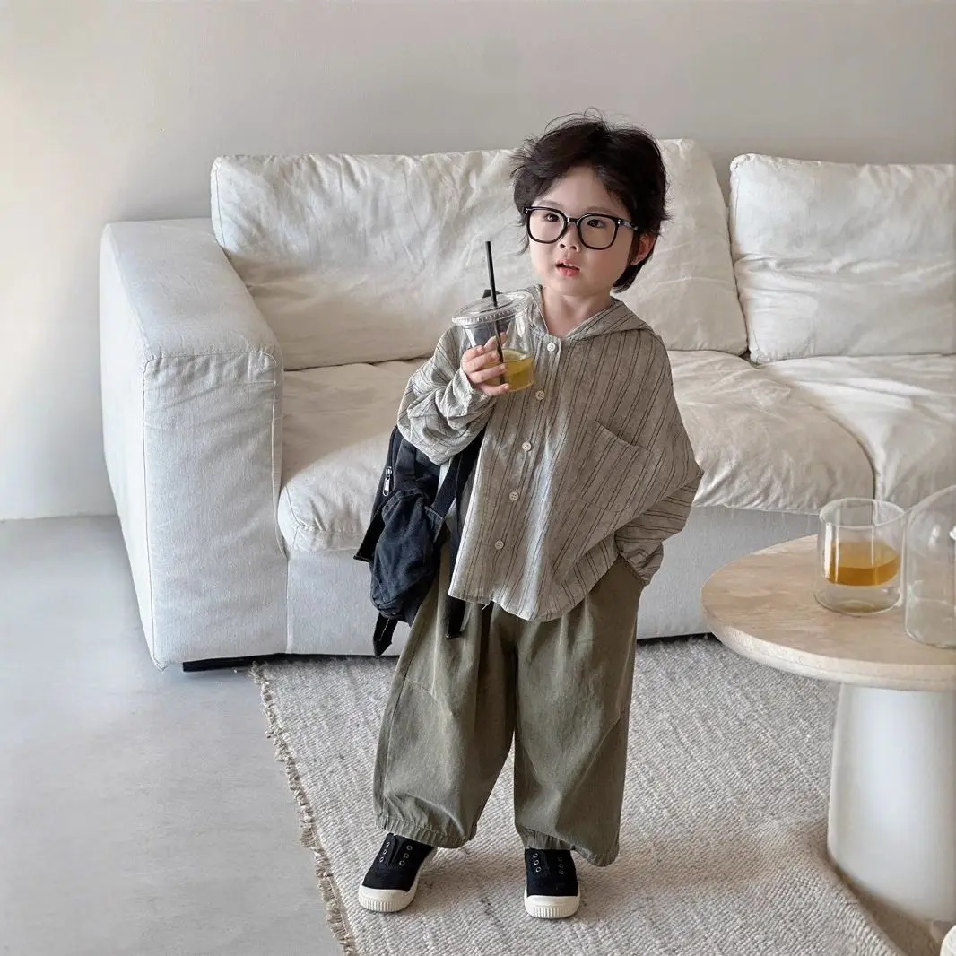 Boys Girls Hooded Shirt Long Sleeve Casual Button Up Tops Spring Autumn Kids Baby Korean Style Loose Cotton Blouse