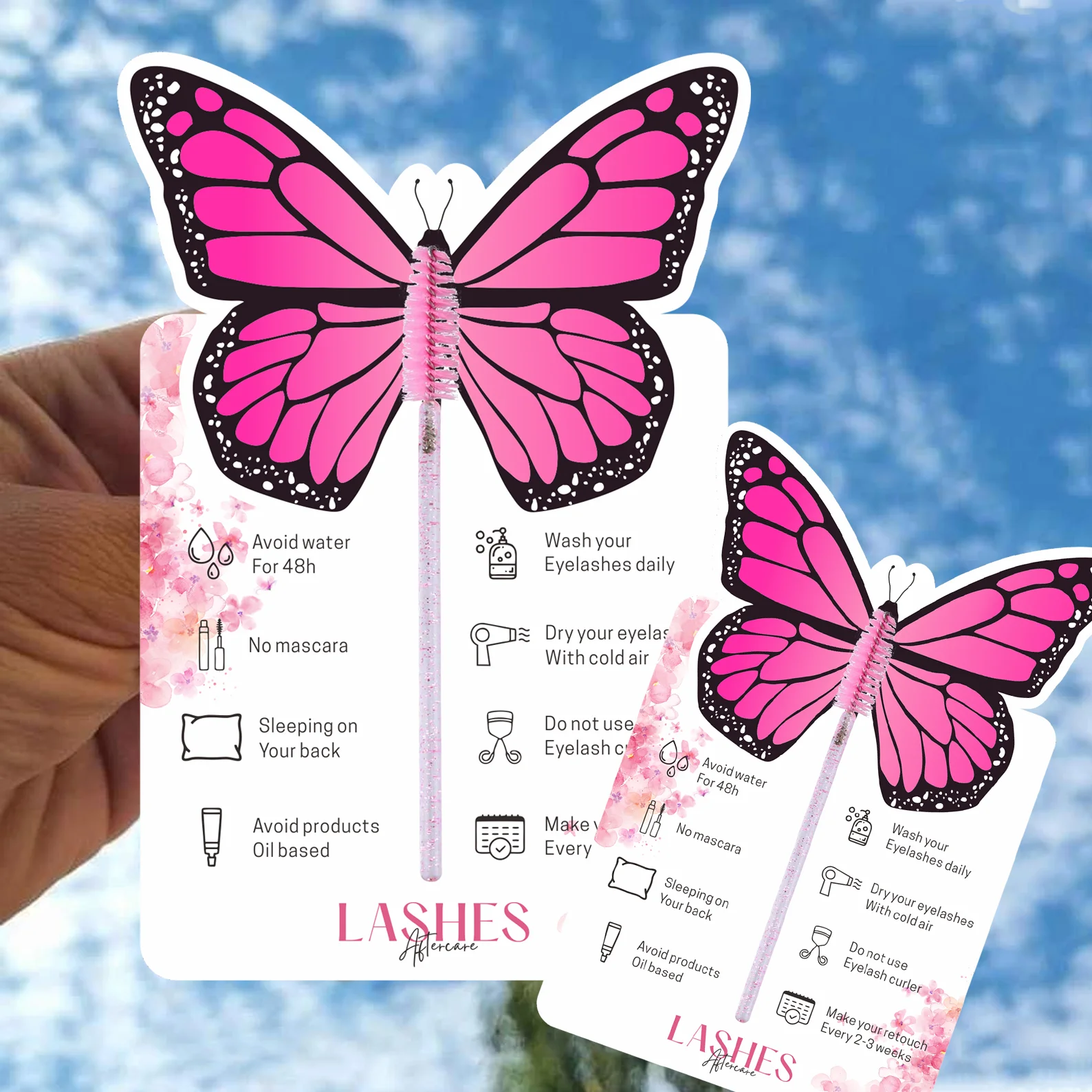 38 Pcs Pink Butterfly Cards Lash Extension Aftercare Instructions Cards Eyelash After Care Card for Business Client Single Sided