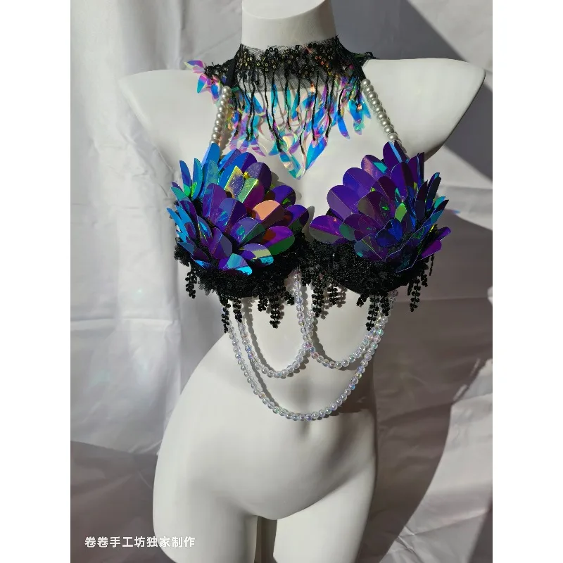 Customized Mermaid Sequins Shell Bikini Top Bra Aquarium Bar Performance Fish Tail Skin Outfit Electric Syllable Carnival Wear