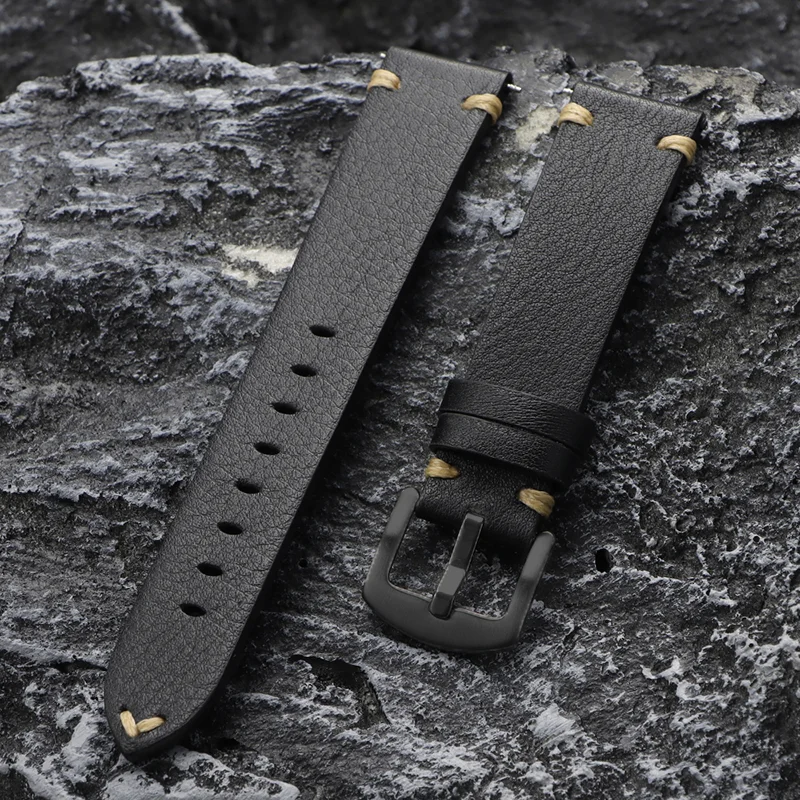 Handmade Genuine Leather Watchband Old Brown Black 20 22MM Soft Men's Vintage Cowhide Leather Bracelet Watch Accessories