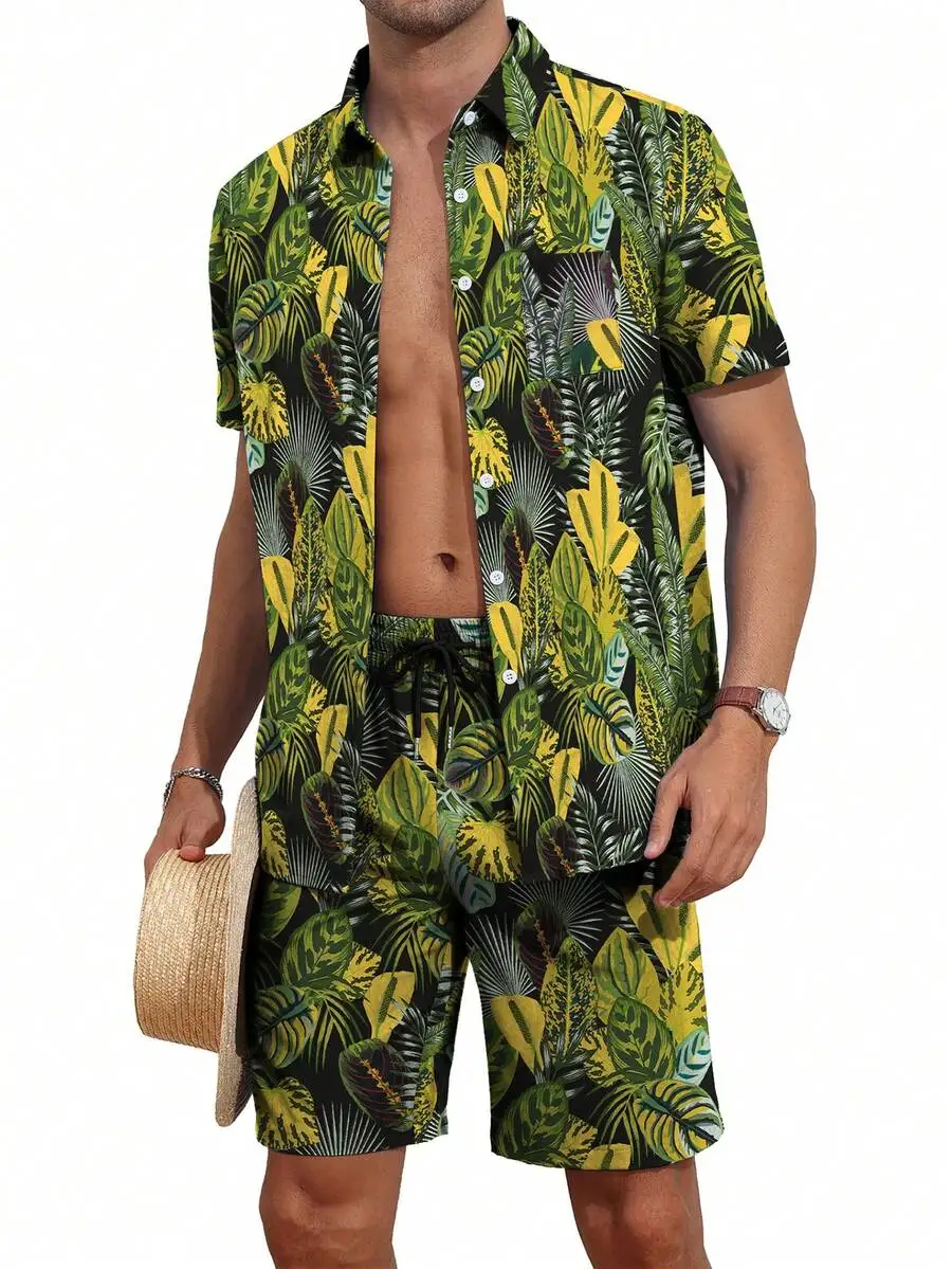 

Mens Tropical Leaf Print Two Piece Set: Short Sleeve Button-Up Shirt And Matching Shorts For Beach Vacation