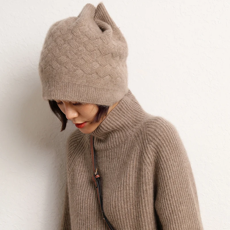 Women Winter 100% Cashmere Hat Warm Thick Ear  Protection Cap Female Solid Elegant Drawstring Cap All Matched High Quanlity