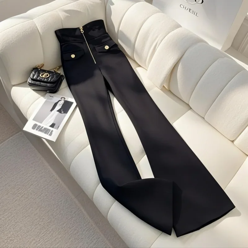 

New Elegant Fashion Zipper Long Pants Women High Quality Slim High Waist Black Slightly Flare Pant Office Lady Trousers