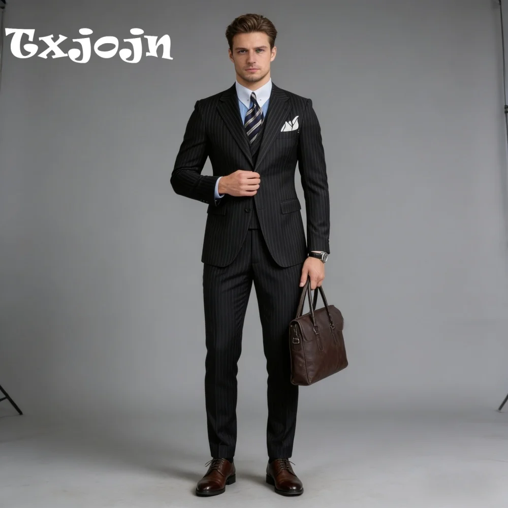 

Elegant Black Pinstripe Notched Lapel Men Office Formal Single Breasted Suit Set Includes Jacket Vest Pants Office Customized