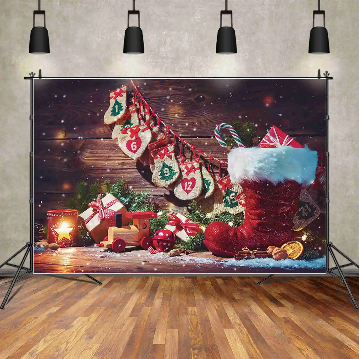 MOON.QG Winter Christmas Photography Background Sleigh Wooden Wall Teddy Bear Photozone Backdrop Child Studio Photocall Supplies