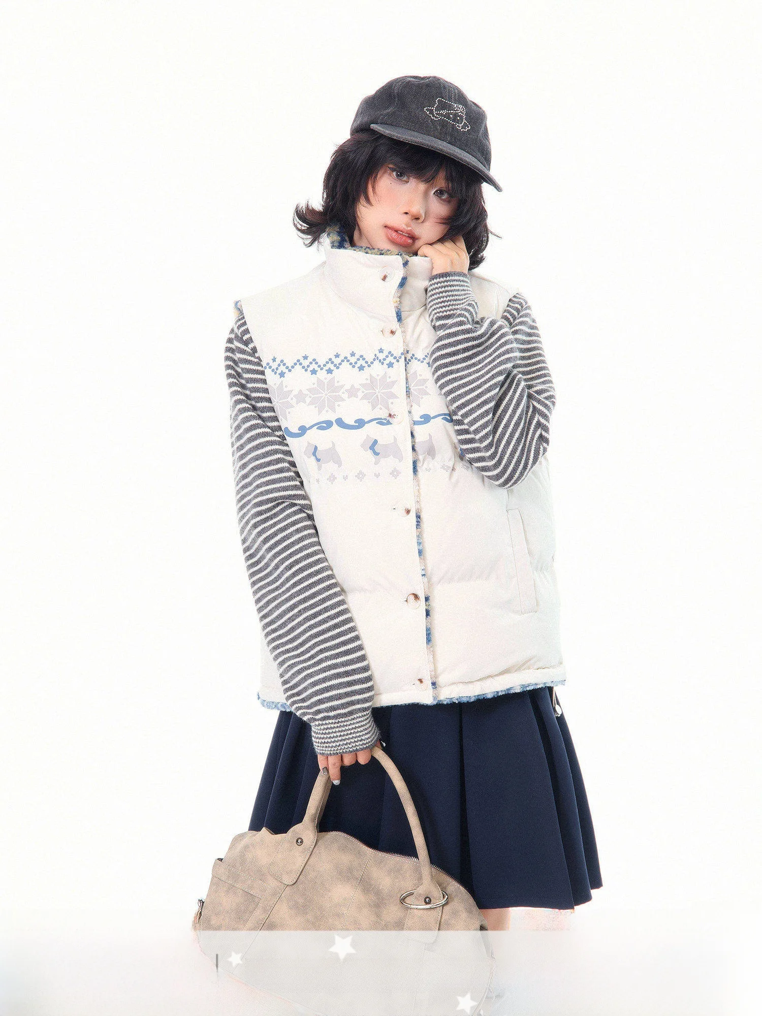

Thiened Fce Jaet MKGO Fair Island Snowflake Stand Collar Women's Outerwear Double-Sided Wear Warmth Retro Sle Polyester