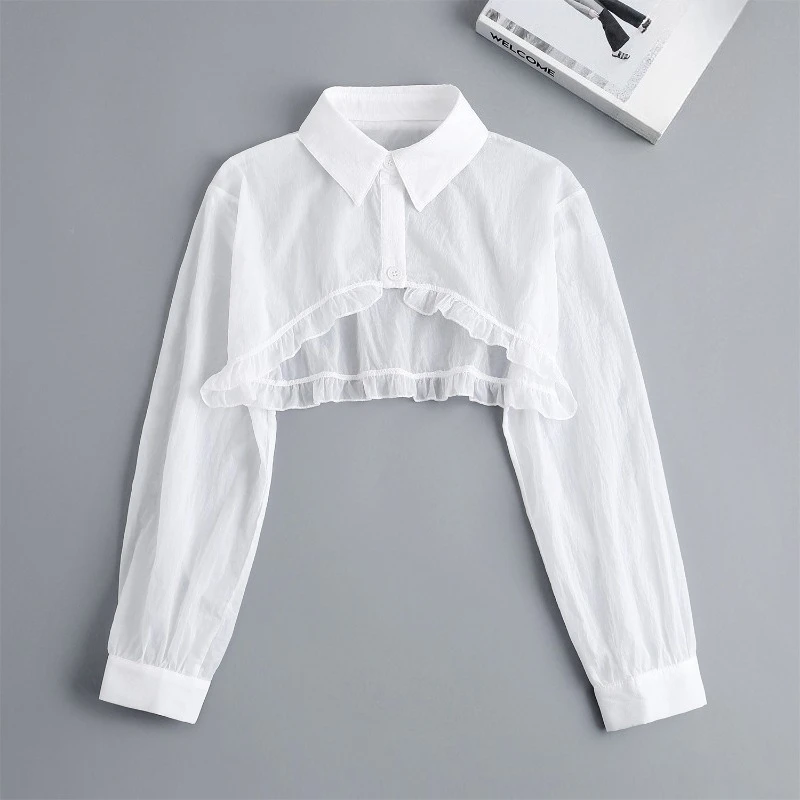 Womens Ruffle Shrugs Long Sleeves Fake Collar Lapel Button Shirt Crop Tops Shoulder Wraps Detachable Collar Punk False Collar