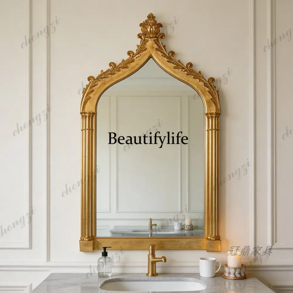 French retro style carved arched vanity mirror antique style household fireplace decorative mirror American style