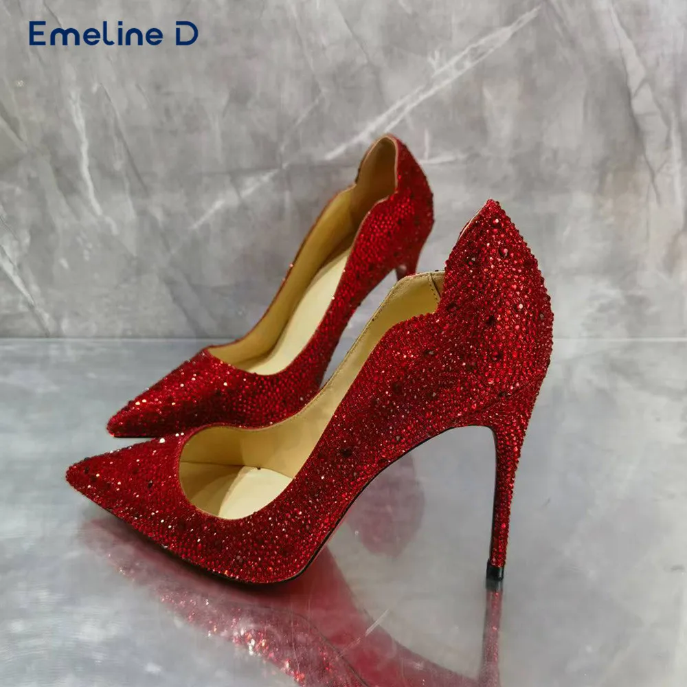 

Red Diamond-Filled Luxury High Heels Pointed Toe Slip-On Shiny Pumps Fashionable Sexy Large Size Temperament Women's Shoes