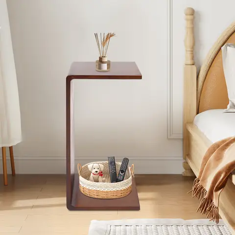 Valnötsfärgad massivt trä C-format sidobord Multifunktionellt C-format soffbord för vardagsrum, soffa, sovrum 10 best sales sidobord i trä - №10