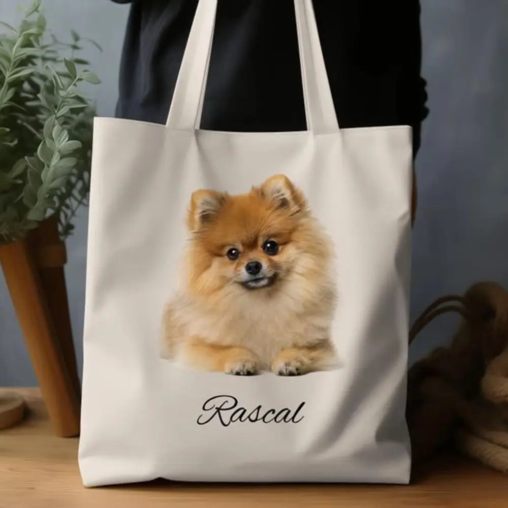 

Canvas Tote Bag Personalized Custom Pomeranian Dog Portrait Cotton Shopping Bag Reusable Shoulder Bag Dog Mom Gift