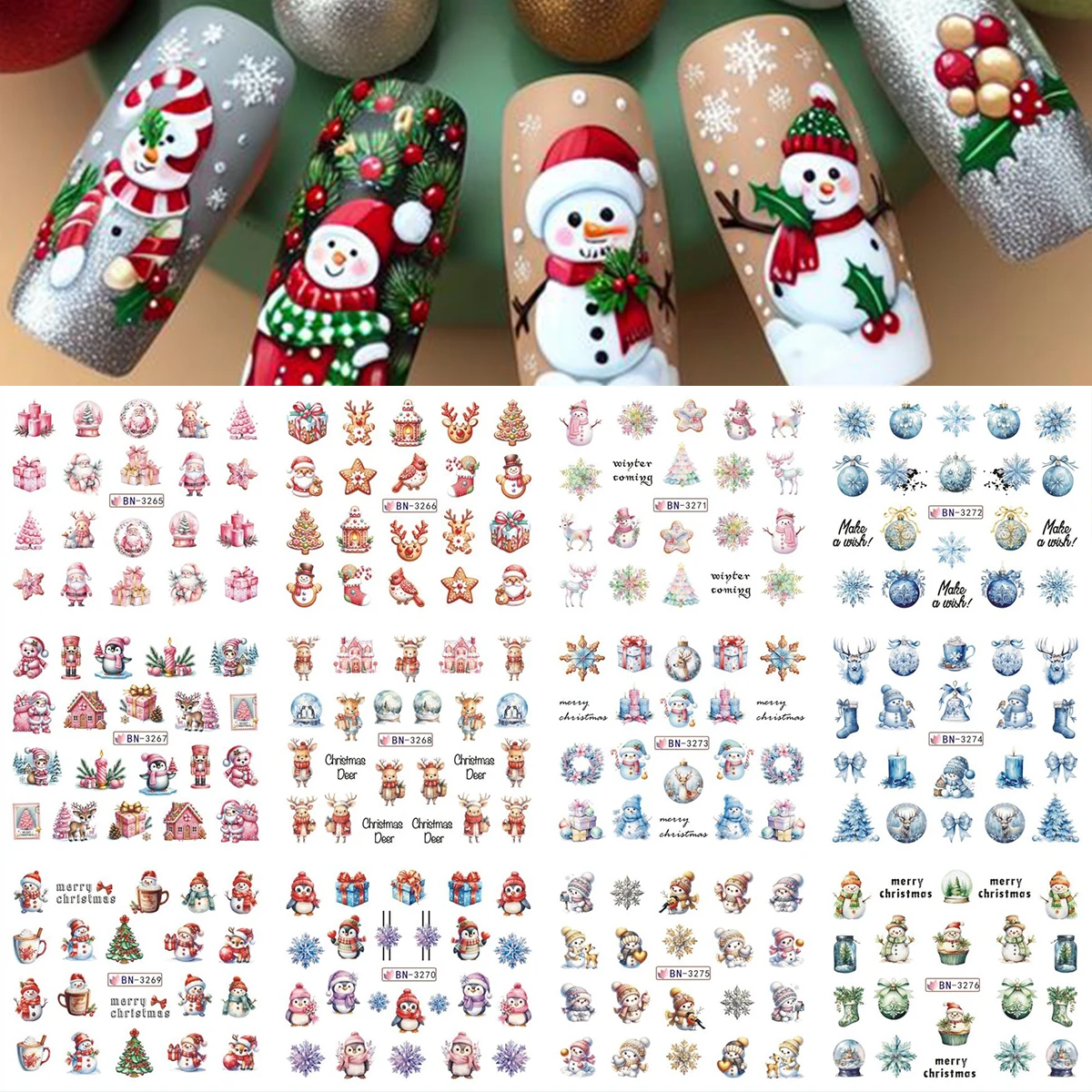 12 قطعة عيد الميلاد احتفالي مسمار الفن ملصقات لطيف الكرتون ثلج سانتا كلوز الجوارب أجراس الثلج البطاريق نقل المياه المنزلق #4