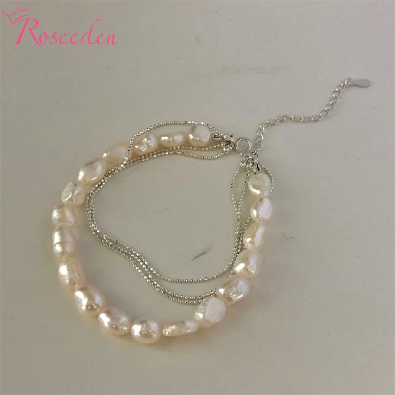 

925 Sterling Silver Wedding Jewelry for Women Gift Natural Freshwater Pearl Bracelet RE4957