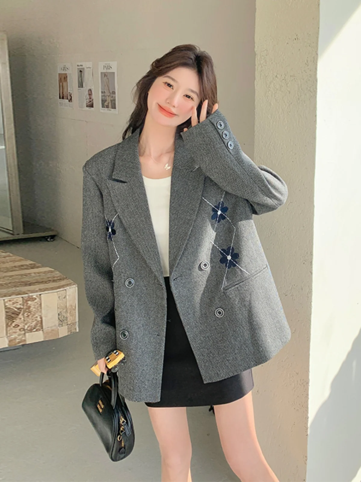 

Spring Autumn ey Flower Pattern Small Women's Suit Jaet 2025 Trendy Commute Sle Long Sve Double Button Design