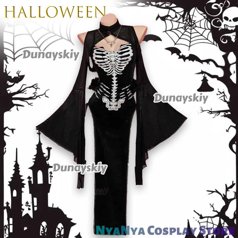فستان هيكل عظمي فارس قوطي داكن فستان الهالوين التأثيري هالروويين كوسثماني فستان أسود بفتحة جمجمة وأكمام مضيئة وقلادة عباءة ‌