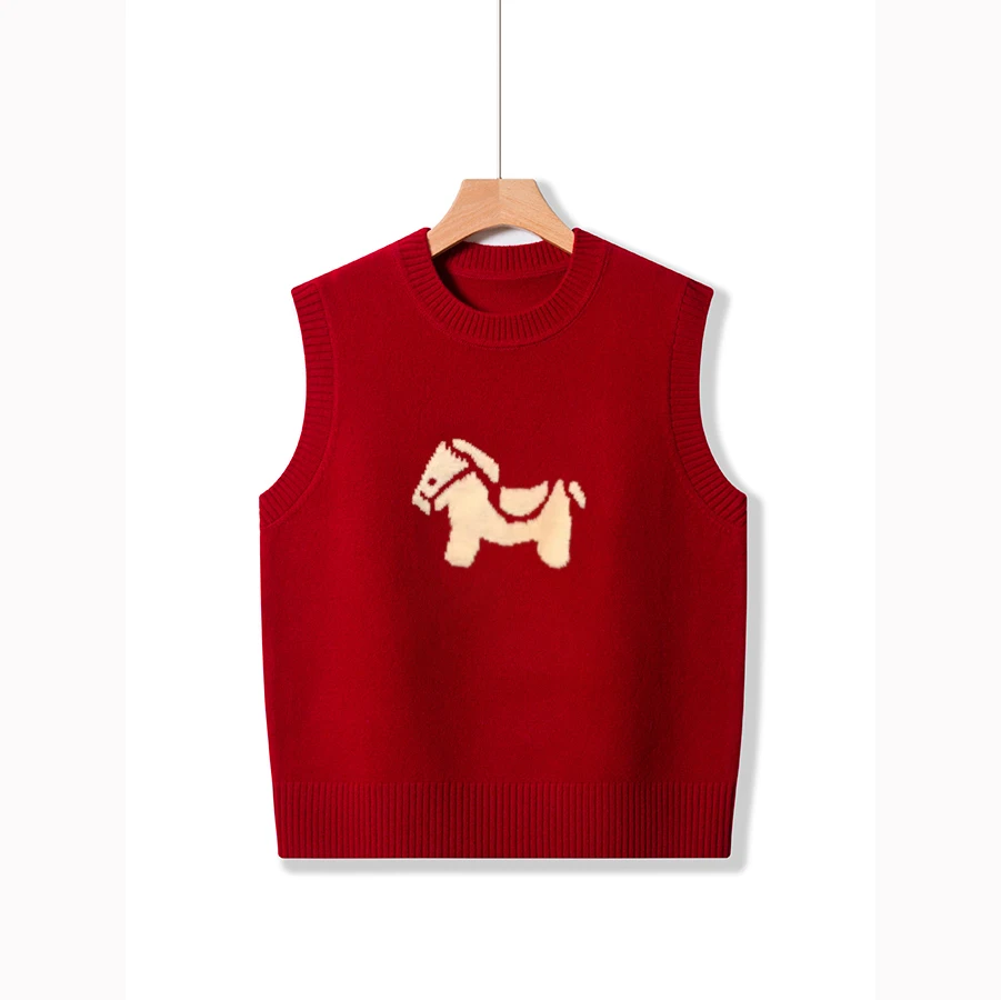

Christmas Red Knitted round Neck Vest Women's Fashionable Layering Top Brand Buckle New Year's Design Sleeveless Sweater